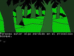 La Aventura Original (ZX Spectrum) screenshot: I appear to be well and truly lost in a wood. After five minutes looking for an exit this is effectively game over.