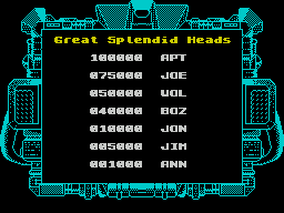 Taito's Super Space Invaders (ZX Spectrum) screenshot: The pre-populated hi-score table, 'Great Splendid Heads'