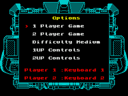 Taito's Super Space Invaders (ZX Spectrum) screenshot: Game options. It is possible to have two players using the keyboard and to define keys for both of them