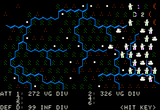The Battle of the Bulge: Tigers in the Snow (Apple II) screenshot: German 272nd and 326th Volksgrenadier (infantry) Divisions attack the U.S. 99th Infantry Division