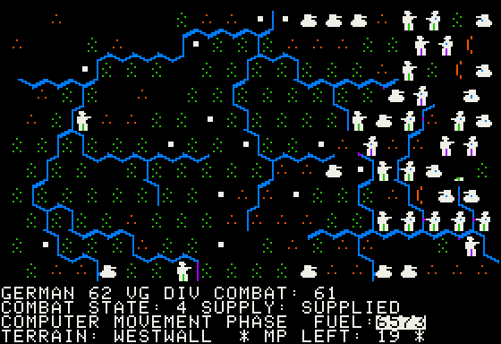 The Battle of the Bulge: Tigers in the Snow (Apple II) screenshot: U.S. Armor reinforcements starting to show in the battle map