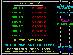 Sonic Boom (ZX Spectrum) screenshot: Hi-score screen and game options. After a while, if nothing is entered, this screen alternates with the copyright screen