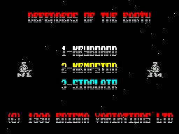 Defenders of the Earth (ZX Spectrum) screenshot: Game control options. The defender highlights the option selected by the game. If keyboard is selected there is no 'redefine keys' option