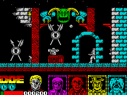 Defenders of the Earth (ZX Spectrum) screenshot: A wall to the right I cannot go beyond yet bad guys and tanks come out of it. The green head thing shoots at me too. The door is a portal to the next part of this game