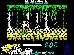 Lorna (ZX Spectrum) screenshot: The game starts here. There are two white dots, one above Lorna's knee and the other over towards the blue man. These represent the start & end of this phase.