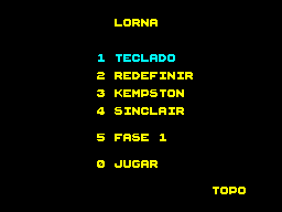 Lorna (ZX Spectrum) screenshot: Game options 1 Keyboard 2 Redefine keys 3 Kempston 4 Sinclair 5 Cycles through parts 1 - 5 0 Play