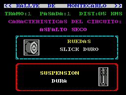 Carlos Sainz (ZX Spectrum) screenshot: Before the start the player has the chance to change the suspension and the tyres