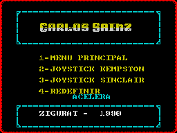 Carlos Sainz (ZX Spectrum) screenshot: Option 3 brings up the game control menu. The action key redefinition takes place on the same screen