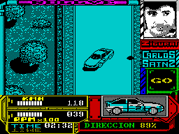 Carlos Sainz (ZX Spectrum) screenshot: Crashing causes damage to various parts if the car. Here the steering's down to 89% ....