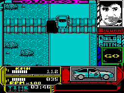 Carlos Sainz (ZX Spectrum) screenshot: Nice touch showing the car leaving the ground as it crosses the railway lines