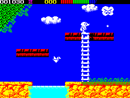 Impossamole (ZX Spectrum) screenshot: ORIENT level : Just noticed that the birds are origami models. Nice touch. The cloud shoots rain drops and does come after Monty