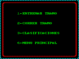 Carlos Sainz (ZX Spectrum) screenshot: Option 1 brings up the Game Menu 1 - Training 2 - Racing 3 - Lap times & rankings