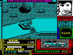 Carlos Sainz (ZX Spectrum) screenshot: Crash on the first corner! At speed the car is slides over the track very easily. Nice collision graphics - I'll see a lot of these
