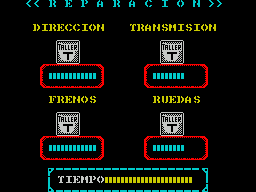 Carlos Sainz (ZX Spectrum) screenshot: After displaying the timings the game presents a car status screen before taking the player to the green Game menu