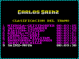 Carlos Sainz (ZX Spectrum) screenshot: The game keeps two sets of times : Race times