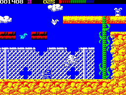 Impossamole (ZX Spectrum) screenshot: ORIENT level : Monty missed the last jump and landed on a bird. Bad news because it stayed with him and killed him