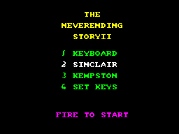 The Neverending Story II: The Arcade Game (ZX Spectrum) screenshot: Game menu