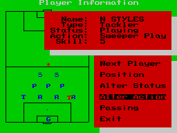 Football Manager: World Cup Edition 1990 (ZX Spectrum) screenshot: Action cycles through Sweeper, Find Space, Positional, Wing Play, and Thru Runs