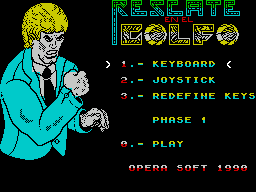 Rescate en el Golfo (ZX Spectrum) screenshot: Past copy protection and at the main Game Menu