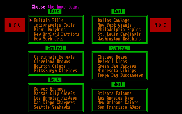 NFL Challenge (DOS) screenshot: Team selection (CGA)