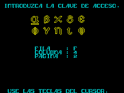 Rescate en el Golfo (ZX Spectrum) screenshot: Copy protection To get past this screen I had to select the correct combination of symbols at Line F, column 6 on page 2 of the code sheet
