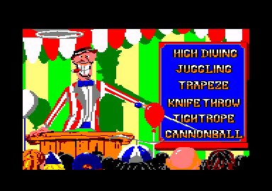 Fiendish Freddy's Big Top O' Fun (Amstrad CPC) screenshot: Select what you will practice at.