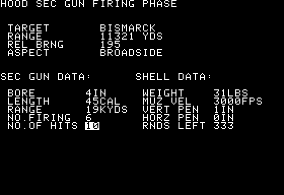 Dreadnoughts (Apple II) screenshot: The Hood scores 10 secondary gun hits on the Bismarck
