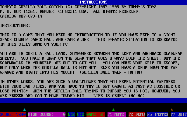 Tommy's Gorilla Ball Gotcha (DOS) screenshot: The game's help text can be accessed from within the game and as an MS WORD document. This screen shows the zany back-story