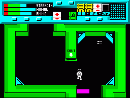 Rescue (ZX Spectrum) screenshot: Your shots can be steered, but they also bounce off the blue 45-degree metal plates
