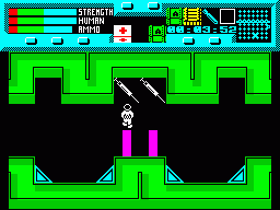 Rescue (ZX Spectrum) screenshot: Medical syringes denote healing stations. Player also has a backup medikit installed ( centre top ) as backup. Carrying 2 ammo packs, a crate and a bomb