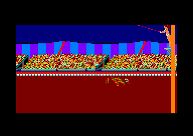 Fiendish Freddy's Big Top O' Fun (Amstrad CPC) screenshot: She'd fly through the air with the greatest of ease, That daring young (wo)man on the flying trapeze