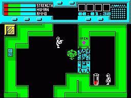 Rescue (ZX Spectrum) screenshot: Got here just in time, green alien breaking down the door to a scientist's room...