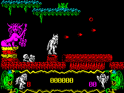Deliverance: Stormlord II (ZX Spectrum) screenshot: Stormlord gets to shoot things. The little round red bubble is deadly and cannot be shot