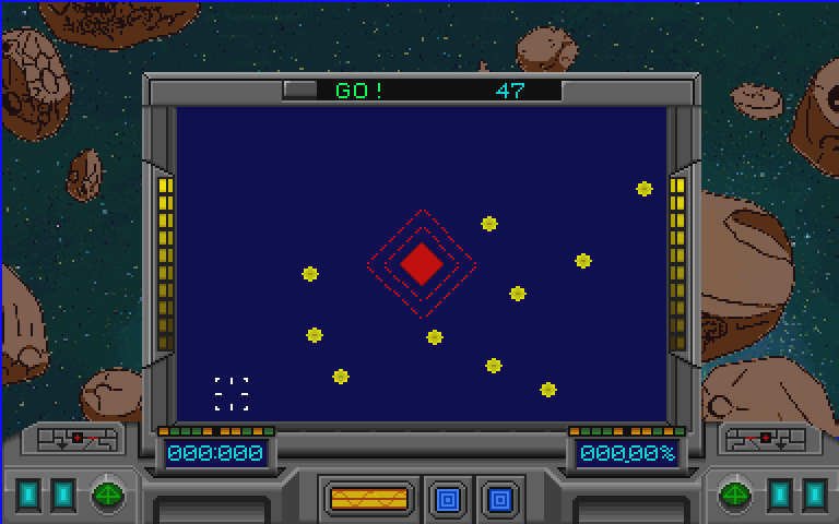 The Adventure of the Space Ship Beagle (CD-i) screenshot: Gameplay. The Beagle is in the centre; the yellow dots are meteors.