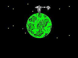 Oberon 69 (ZX Spectrum) screenshot: There's a short animation that shows a spaceship drop something small onto the planet