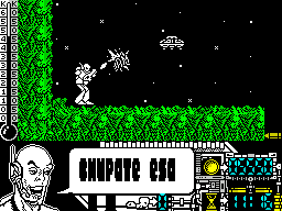 Oberon 69 (ZX Spectrum) screenshot: He can shoot upwards which is handy since that's where these little saucer things come from