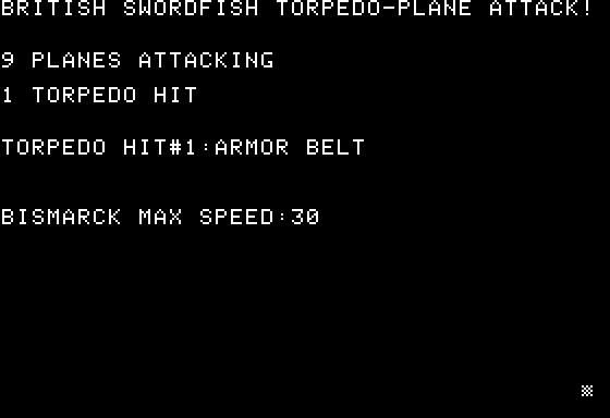 Dreadnoughts (Apple II) screenshot: British Swordfish torpedo planes attack