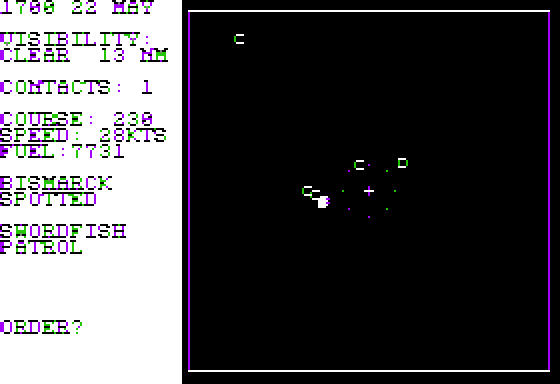 Dreadnoughts (Apple II) screenshot: Bismarck launches a float plane for long range recon