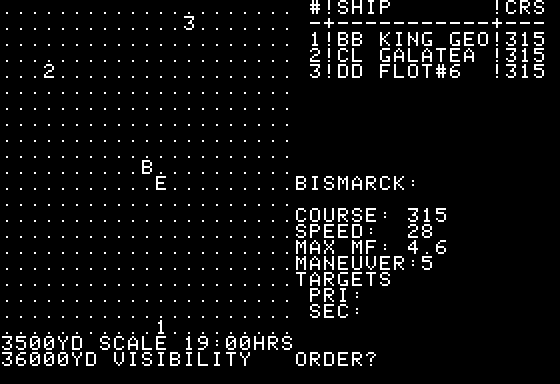 Dreadnoughts (Apple II) screenshot: Enemy battleships in range