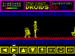 Star Wars: Droids (ZX Spectrum) screenshot: The player must select the appropriate icon from the bottom of the screen, move left, move right, up, down, fire etc and then press the FIRE key. The droids will stop moving once the key is released