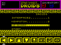 Star Wars: Droids (ZX Spectrum) screenshot: The main menu. Here the player selects their controller preference