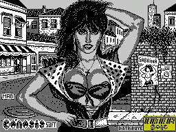 Sabrina (ZX Spectrum) screenshot: This screen comes up first and a distorted voice seems to say 'Genesis soft presents Sabrina' three times while the picture mimes, badly. Then the game load continues