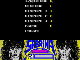Sabrina (ZX Spectrum) screenshot: The action keys can be redefined. Sabrina has three actions, she can hit, kick, or poke her chest at people