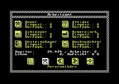 Black Gold (Commodore 64) screenshot: Looking for workers at the employment bureau
