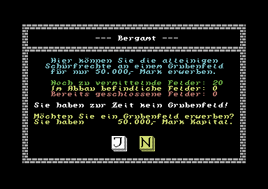 Black Gold (Commodore 64) screenshot: Buying the rights to dig on a certain field at the board of mines