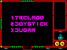 Autocrash (ZX Spectrum) screenshot: Game control options I chose Telecado aka Keyboard and was taken straight to the key definition screen.