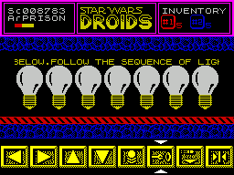 Star Wars: Droids (ZX Spectrum) screenshot: keys 1-7 activate lights 1-7. The game flashes 4 random sets of lights and the player must repeat the sequence