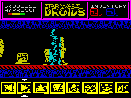 Star Wars: Droids (ZX Spectrum) screenshot: Here the droids can walk through the force field, presumably because they have collected a blue pass key