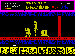 Star Wars: Droids (ZX Spectrum) screenshot: The TV screens show the current level. The red wall is a lift and a puzzle must be solved before it can be used