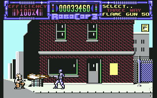 RoboCop 3 (Commodore 64) screenshot: Robocop toasts one of his enemies with his trusty flame gun ... but misses